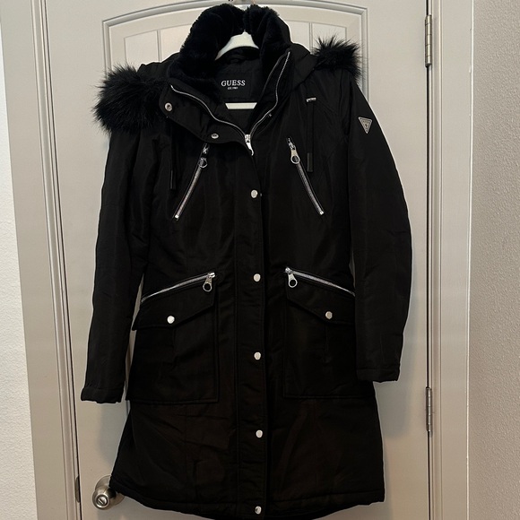GUESS Women's Black Fur-Trimmed Ski Jacket - Picture 1 of 6